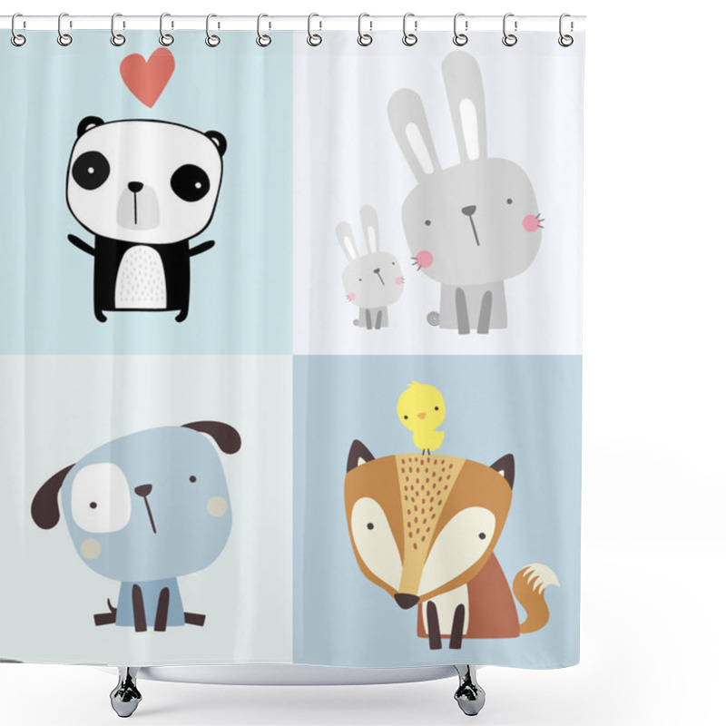 Personality  Set Of Cute Animals Illustration. Panda, Rabbit, Fox And Puppy. Hand Drawn Style. Can Be Used For Nursery Decoration, Baby And Kids Wear, Fashion Print Design Shower Curtains