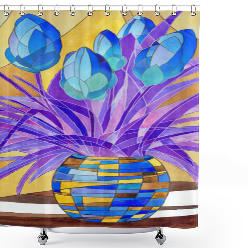 Personality  Abstract Blue Flowers In A Motley Vase Shower Curtains