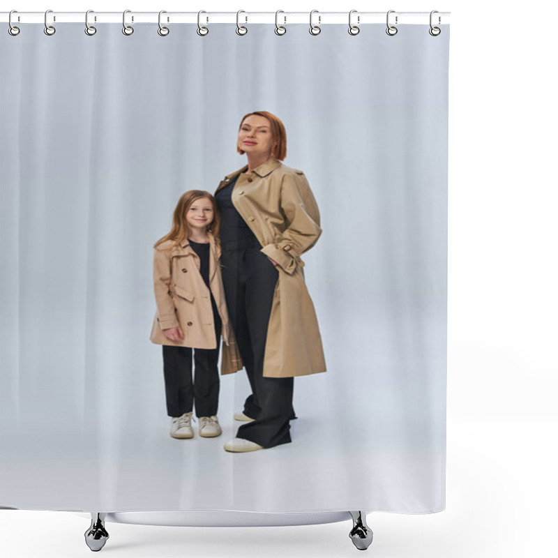 Personality  Two Female Generations, Redhead Woman And Happy Girl Standing In Trench Coats On Grey Background Shower Curtains