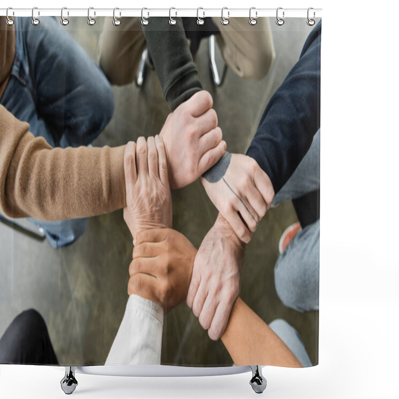 Personality  Top View Of Multiethnic People With Alcohol Addiction Joining Hands During Group Therapy In Rehab Center  Shower Curtains