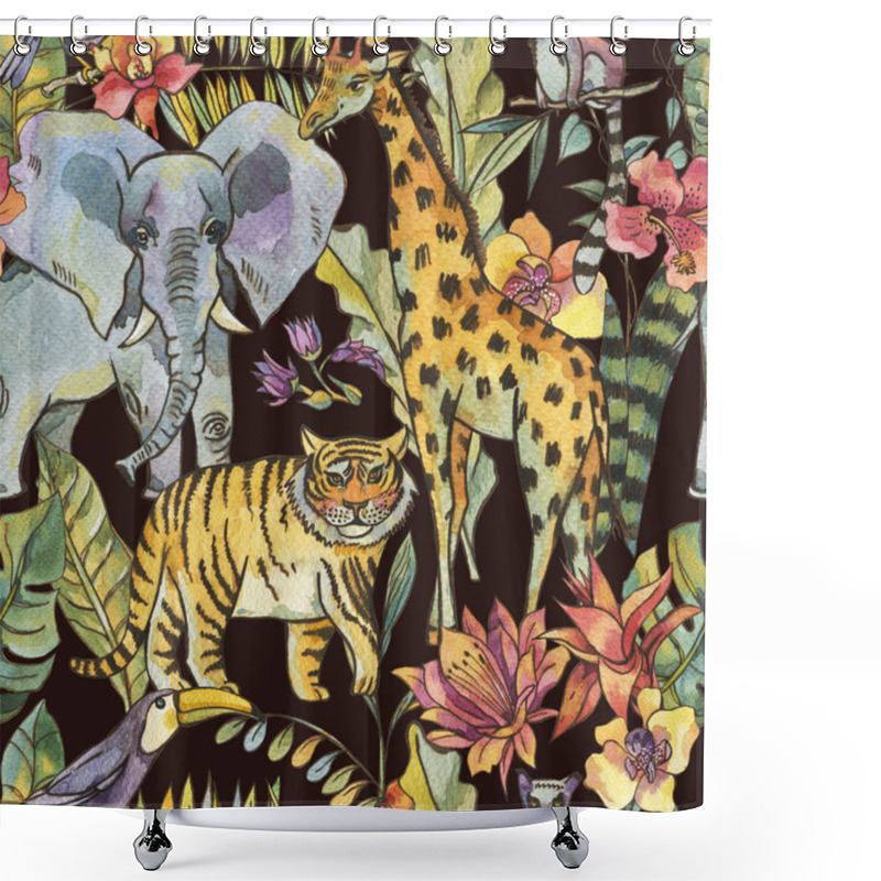 Personality  Watercolor Jungle Seamless Pattern, Natural Exotic Tropical Greeting Card With Flowers Of Orchids, Monstera, Palm, Liana, Elephant, Tiger, Giraffe, Lemur And Toucan On Black Background Shower Curtains