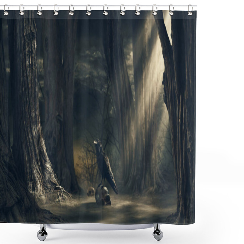 Personality  Scary Crow On A Human Skull And Trees: Horror Background Shower Curtains