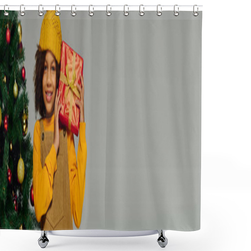 Personality  Young Girl Glows With Joy, Holding A Beautifully Wrapped Gift At Christmas. Shower Curtains