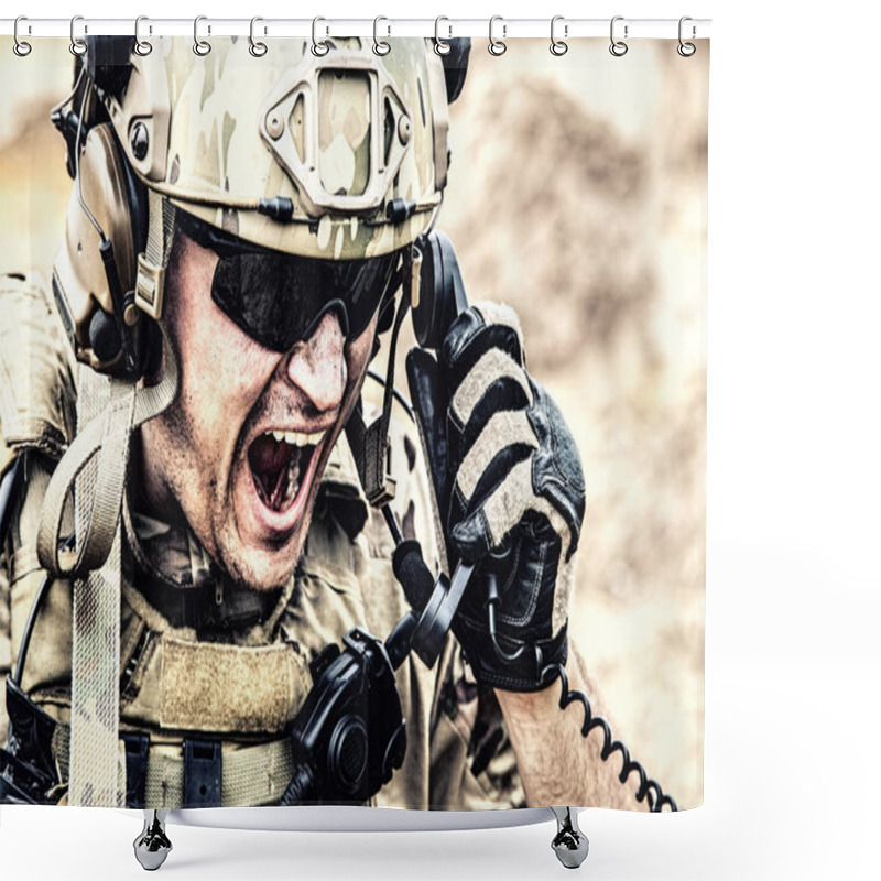 Personality  Soldier Communicating With Command During Battle Shower Curtains