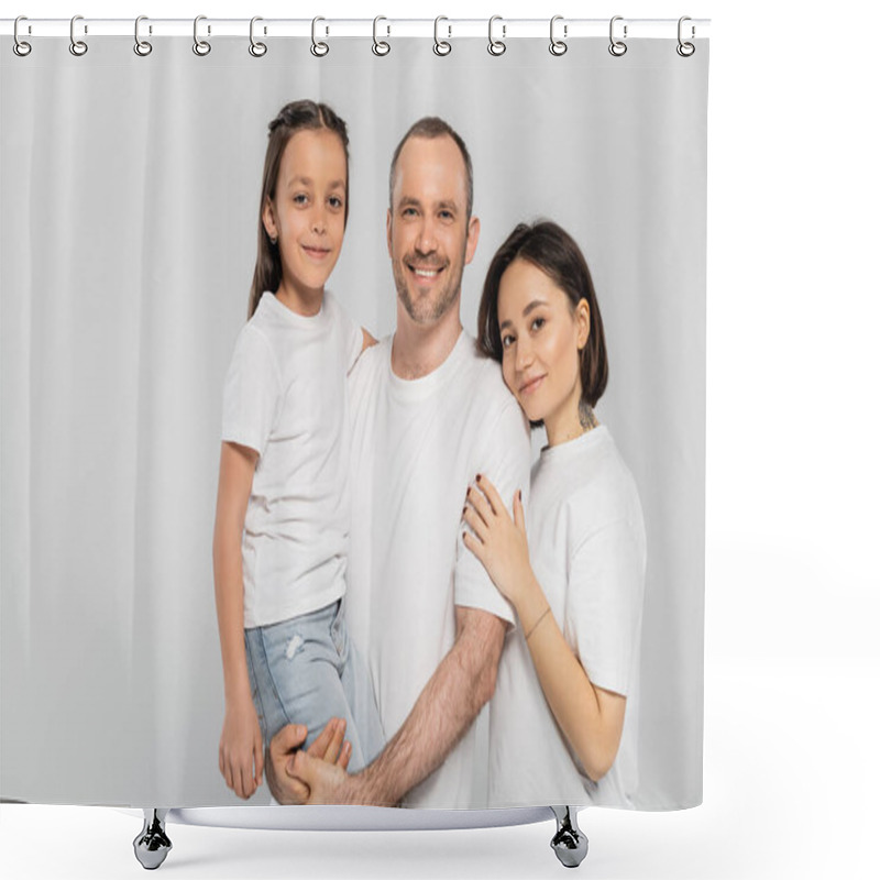 Personality  Portrait Of Happy Family In White T-shirts Looking At Camera On Grey Background, Child Protection Day, Cheerful Father Lifting Preteen Daughter Near Wife With Short Hair And Tattoo  Shower Curtains