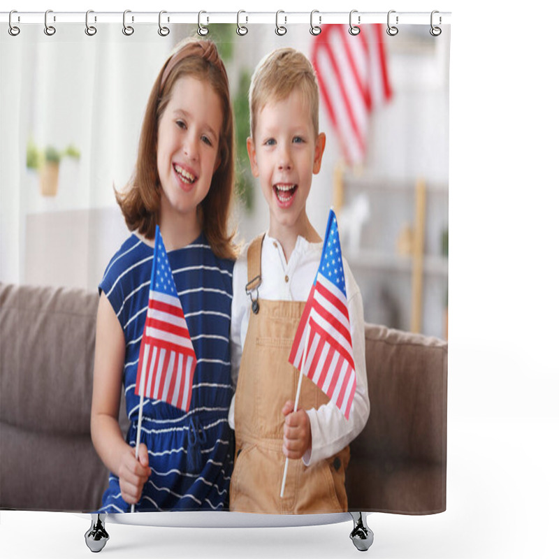 Personality  Two Cute Little Children Brother And Sister With USA Flags Smiling At Camera While Celebrating Independence Day Of United States On July 4 With Family At Home, Sitting On Sofa In Modern Apartment Shower Curtains