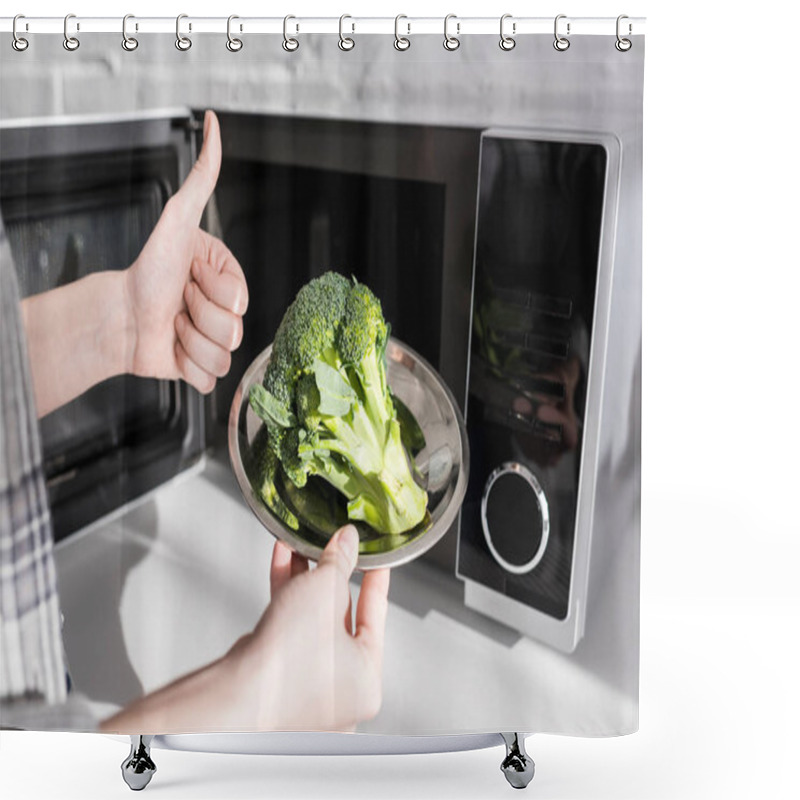 Personality  Cropped View Of Woman Holding Plate With Broccoli Near Microwave And Showing Like  Shower Curtains