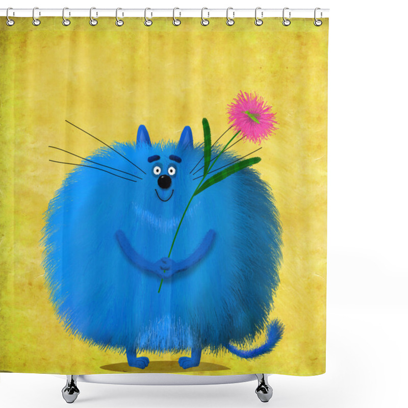 Personality  Big Blue Cat Holding Violet Aster Shower Curtains