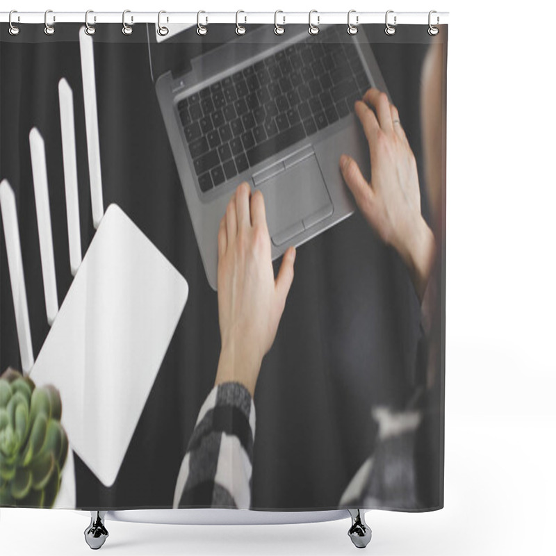 Personality  Girl Works At The Laptop With The Phone In Hand Near White Wi Fi Router In Office. Iot Shower Curtains