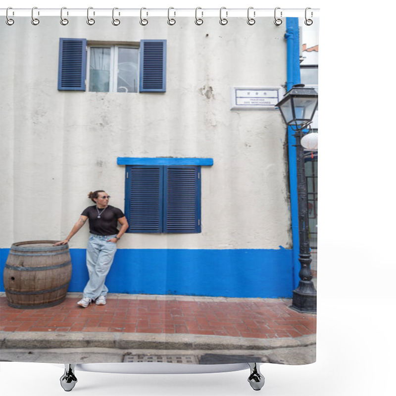 Personality  One Man, Leaning On Wall, Next To Wooden Barrel And Blue Window Shower Curtains