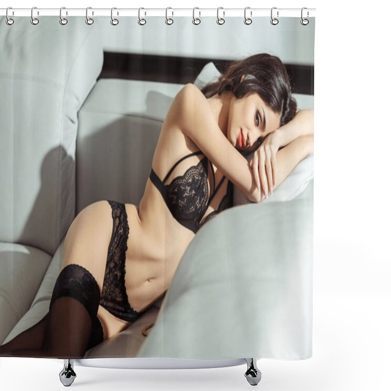 Personality  Seductive Woman In Black Lingerie Shower Curtains