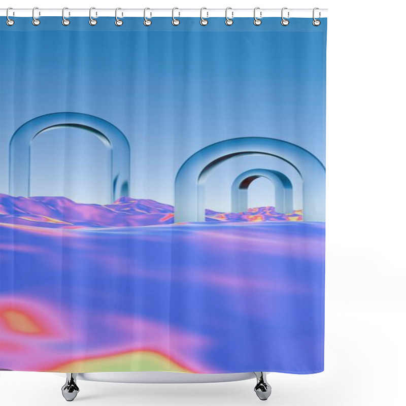 Personality  Surreal Landscape With Metallic Arches And Vibrant Fluid Terrain Shower Curtains