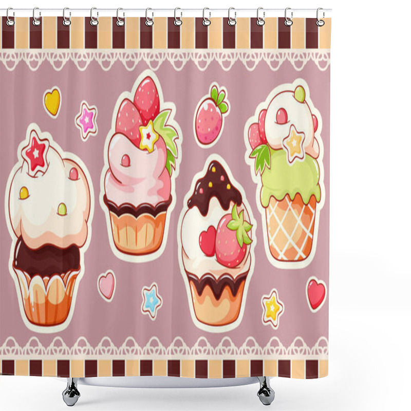 Personality  Set Of Stickers With Cute Sweet Desserts In Kawaii Style. Cake, Muffin And Cupcake With Whipped Cream, Cherry And Strawberry. Vector Illustration EPS8 Shower Curtains