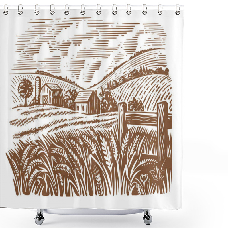 Personality  Village On Sunny Day Field Of Wheat Sketch  Shower Curtains