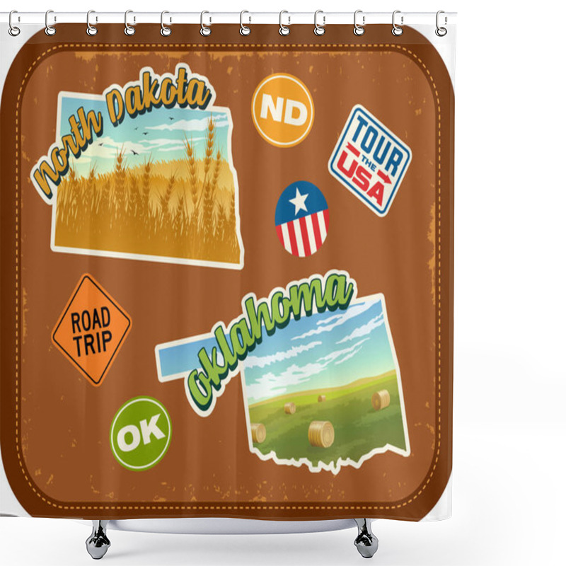 Personality  North Dakota, Oklahoma Travel Stickers With Scenic Attractions And Retro Text On Vintage Suitcase Background Shower Curtains