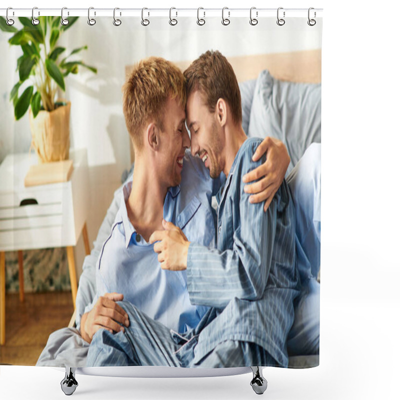 Personality  A Loving Gay Couple Enjoys A Cozy Morning, Smiling And Laughing While Nestled Together In Pajamas. Shower Curtains