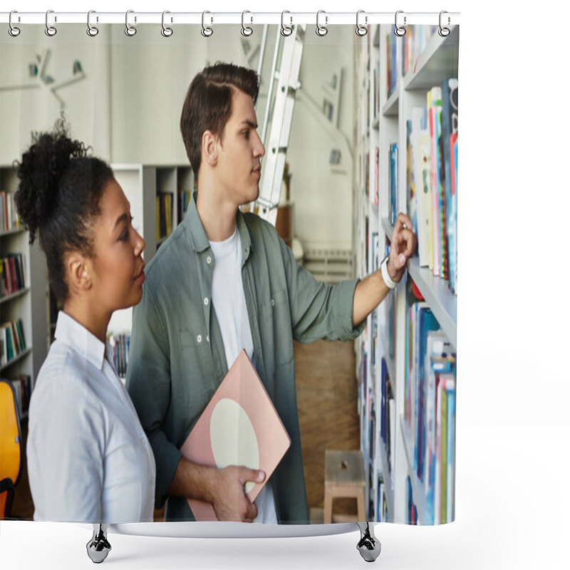 Personality  A Dedicated Educator Supports Her Eager Student While Exploring Diverse Books In The Library. Shower Curtains