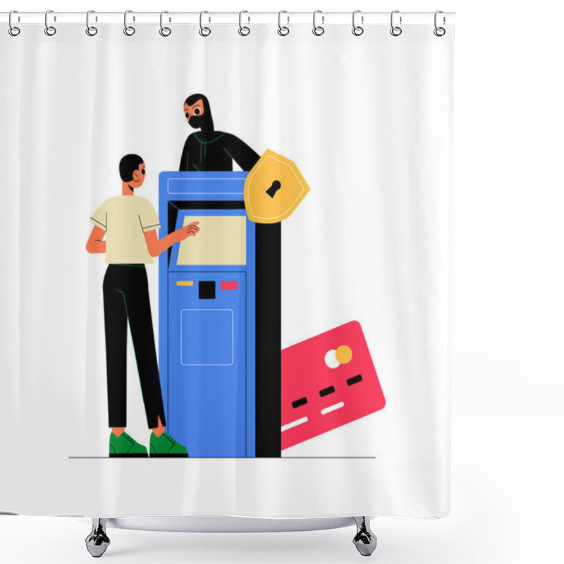 Personality  Male Character At An ATM Being Targeted By An Online Fraudster Holding A Shield, Symbolizing Cybersecurity Threats, Online Fraud, And Financial Scams. Shower Curtains