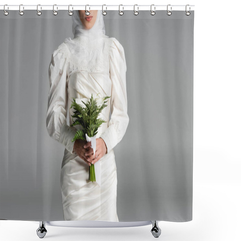 Personality  Cropped View Of Muslim Bride In White Dress And Hijab Holding Wedding Bouquet On Dark Grey  Shower Curtains