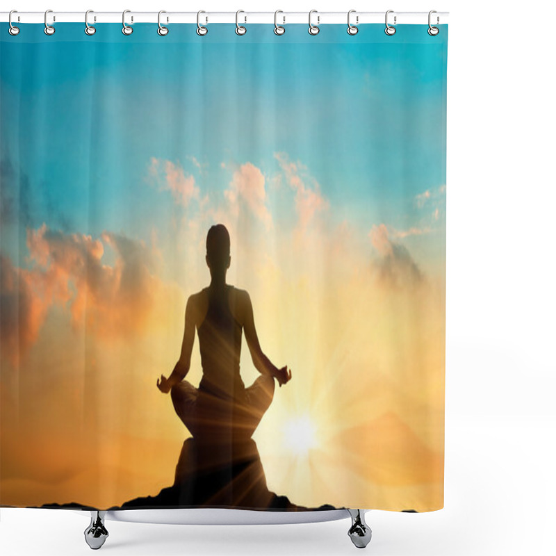 Personality  Women Meditating Pastel On High Mountain In Sunset Background Shower Curtains