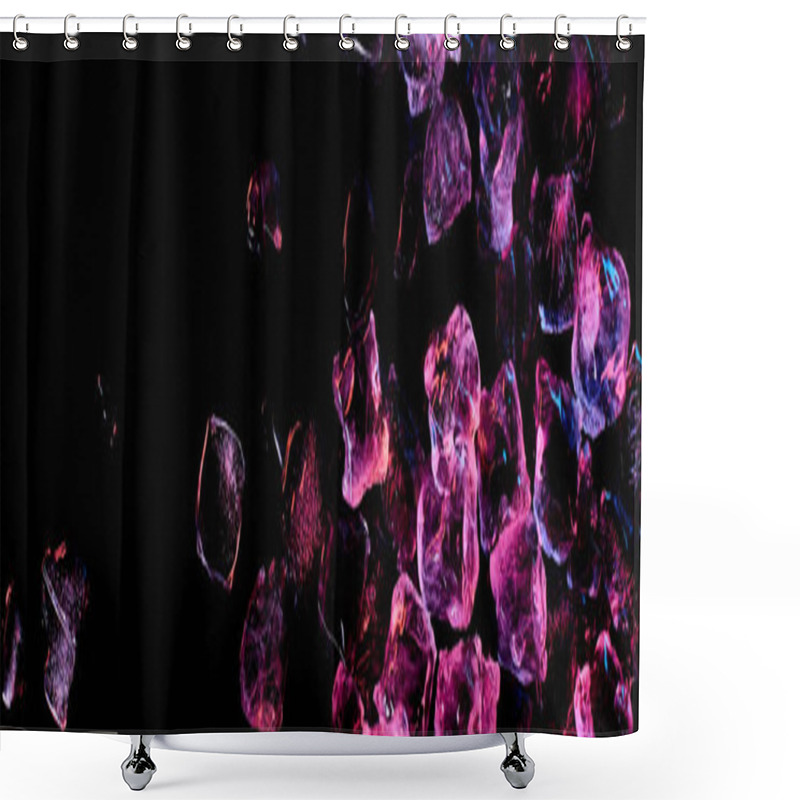 Personality  Panoramic Shot Of Transparent Ice Cubes With Purple Light Isolated On Black Shower Curtains