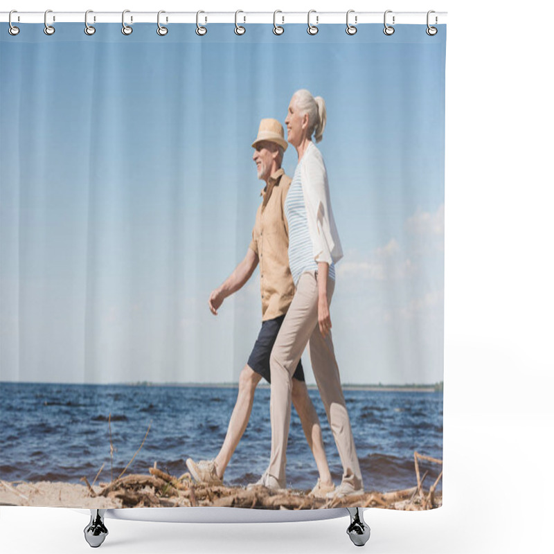 Personality  Senior Couple Walking On Beach  Shower Curtains