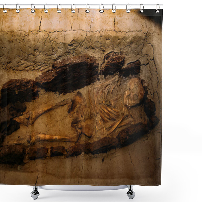 Personality  Old Human Skeleton In Ancient Tomb At Archaeological Excavation. Shower Curtains