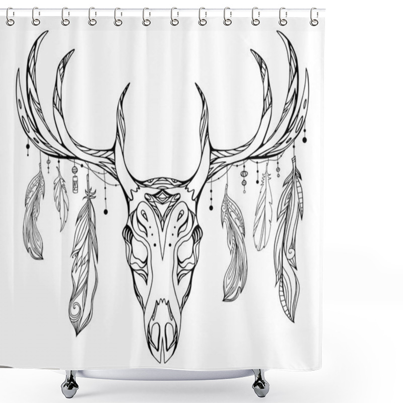 Personality    Deer Skull With Antlers And Feathers  Shower Curtains