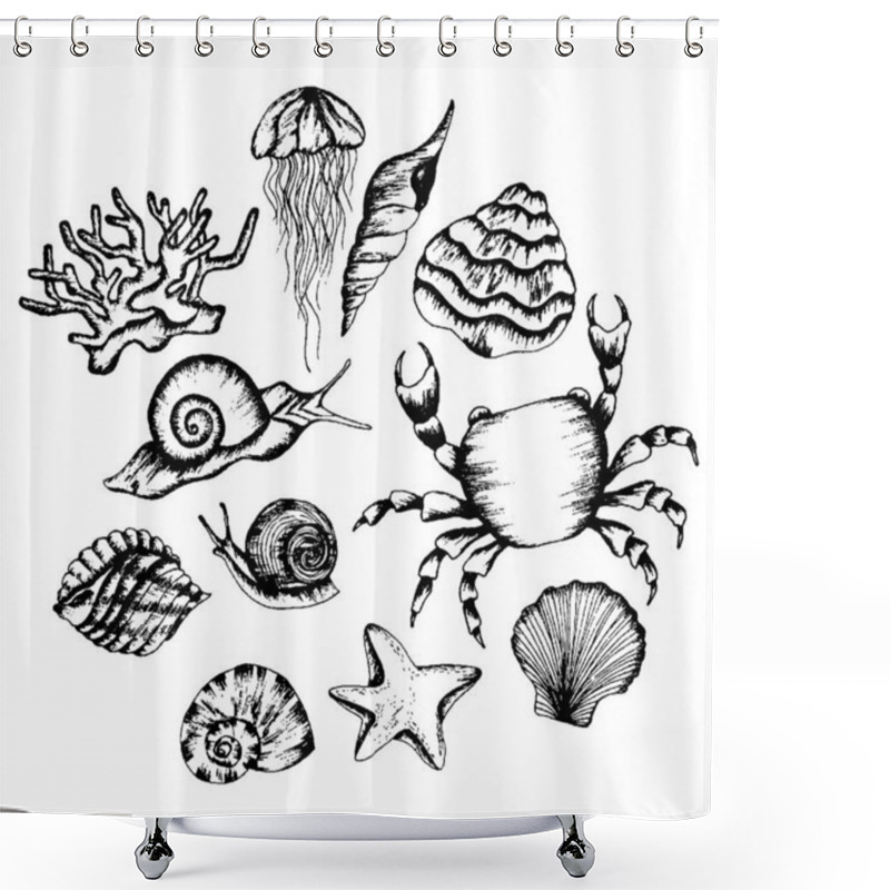 Personality  Monochrome Underwater Creatures Vector Hand Drawn Illustrated Set Shower Curtains