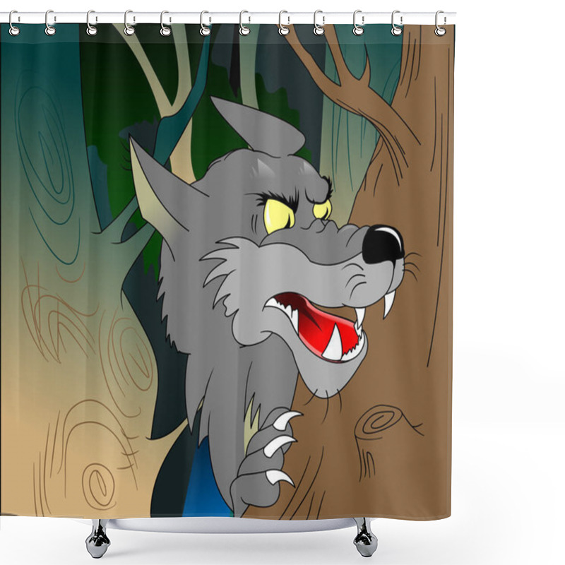 Personality  Wild Danger Grey Wolf In Cartoon Style. Animal In The Woods Shower Curtains