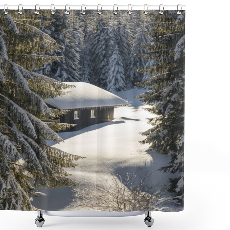 Personality  Old Wooden Snowy Ski Cabin In The Alps Shower Curtains