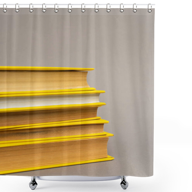 Personality  Stack Of Yellow Notebooks Isolated On Grey Shower Curtains