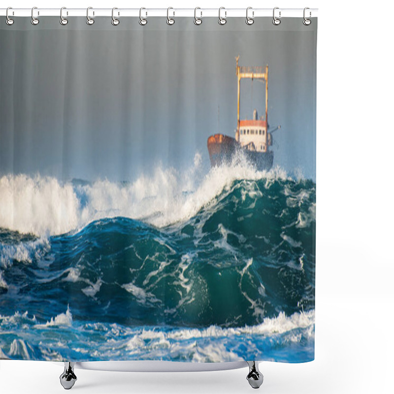 Personality  Abandoned Ship In The Stormy Ocean With Big Wind Waves During Su Shower Curtains