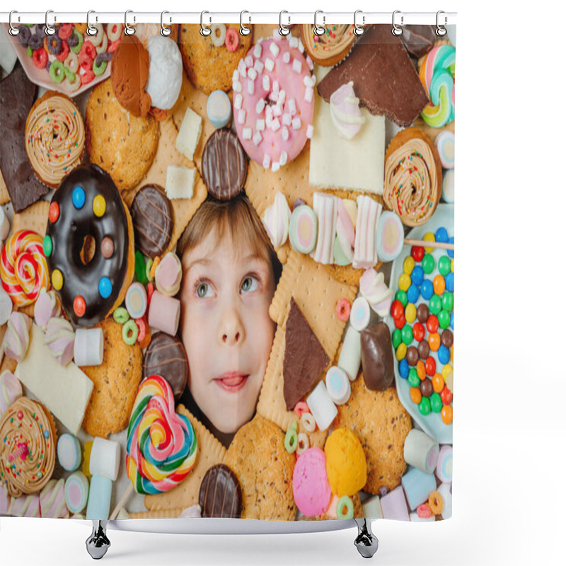 Personality  Funny 5 Years Old Girl Lying Under Plenty Of Sweet Foods. Kids Face Surrounded By Unhealthy Food. Top View, Flat Lay. Shower Curtains