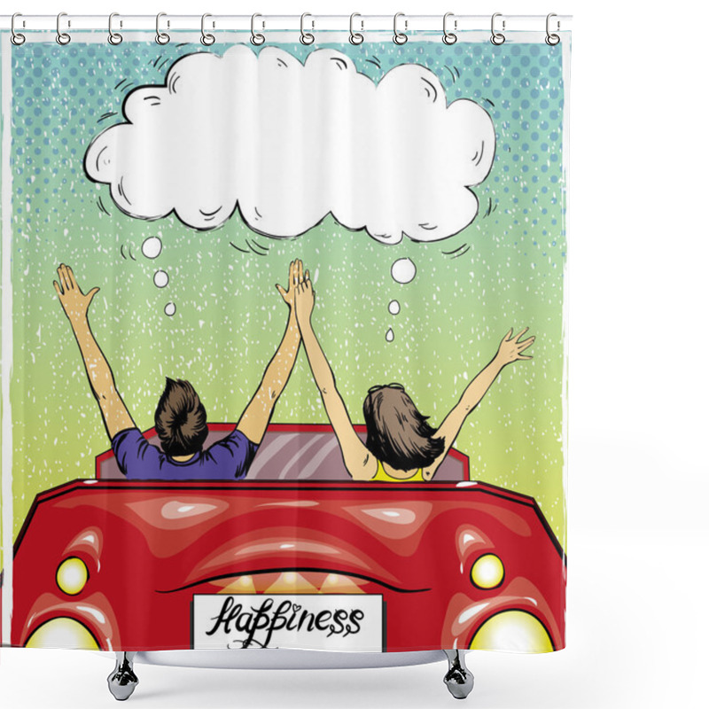 Personality  Happy Couple In A Car Driving Away. Vector Illustration In Retro Pop Art Style. Love Romance Concept Shower Curtains