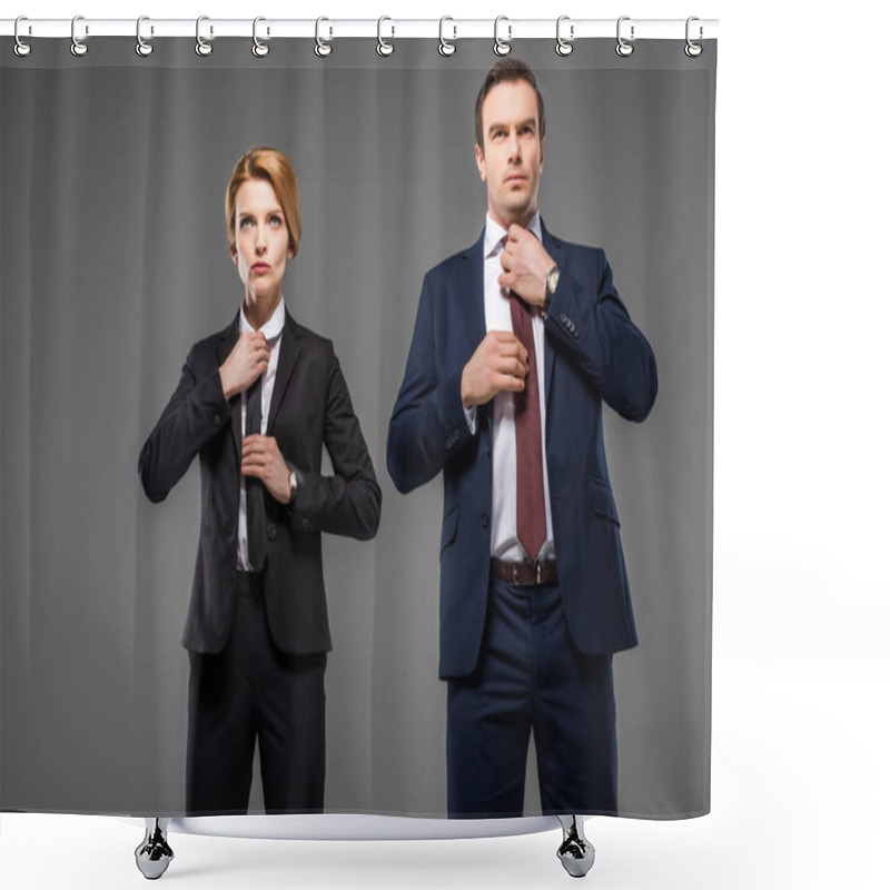 Personality  Businesswoman And Businessman Fixing Ties, Isolated On Grey, Leader Concept Shower Curtains