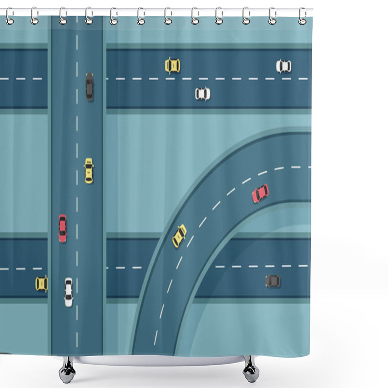 Personality  Top View Road With Different Cars. Autobahn And Highway Junction. City Infrastructure With Transportation Elements.Vector Illustration In A Flat Modern Style. Shower Curtains