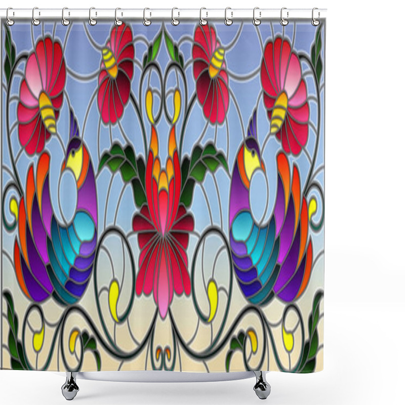 Personality  Illustration In Stained Glass Style With A Pair Of Abstract Purple Birds , Flowers And Patterns On A Blue  Background , Horizontal Image Shower Curtains