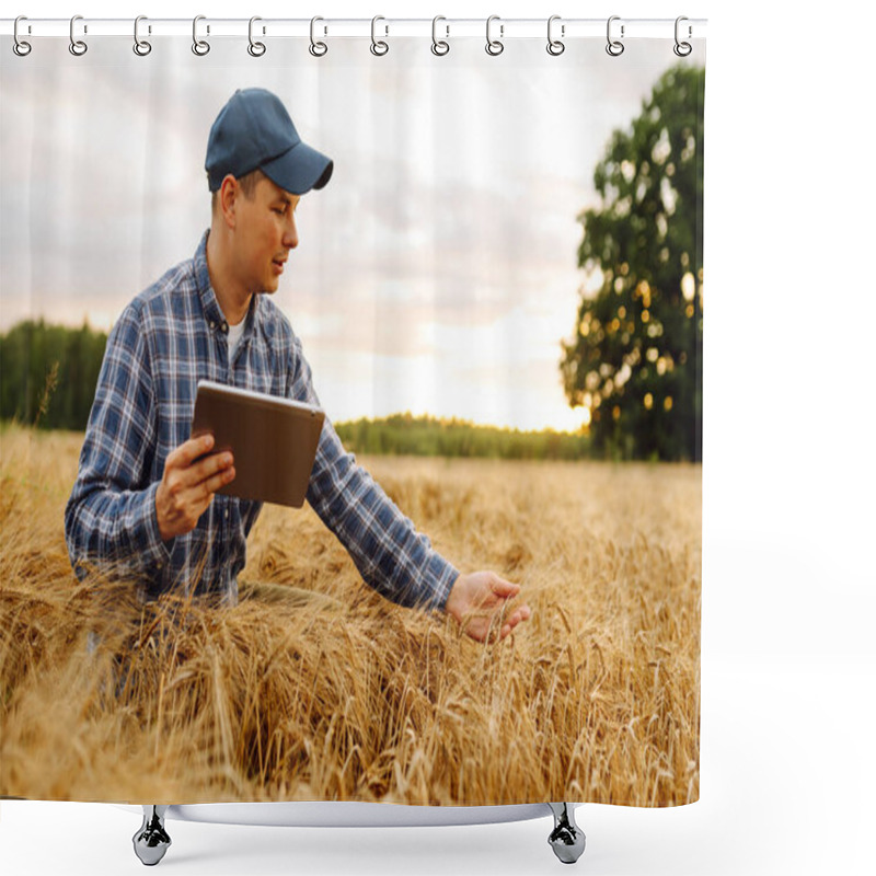 Personality  Farmer Working With Tablet On Wheat Field. Smart Farming And Digital Agriculture. Growth Dynamics. Shower Curtains