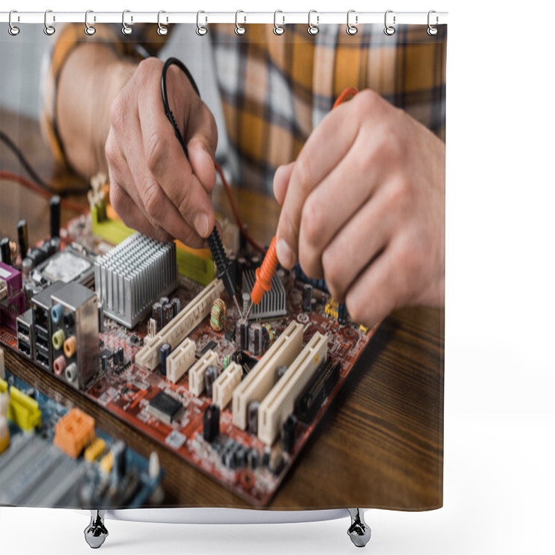 Personality  Cropped Shot Of Computer Engineer With Tester Examining Motherboard Shower Curtains