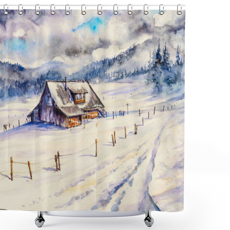 Personality  Winter Mountain Landscape With Wooden House And Cloudy Sky.Picture Created With Watercolors. Shower Curtains