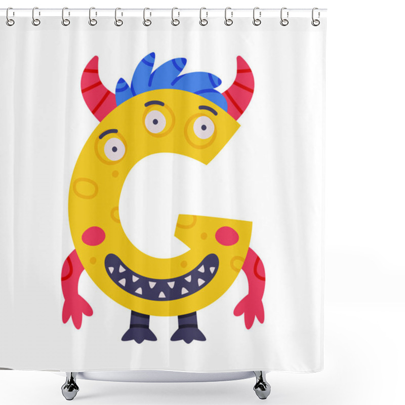 Personality  Monster Alphabet With Capital Letter G With Horns Vector Illustration. Comic English Alphabetical Character With Face And Hands For Kids Learning Concept Shower Curtains