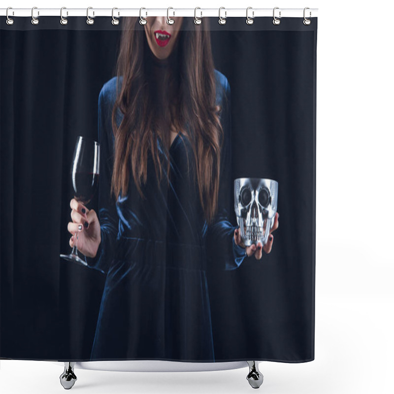 Personality  Cropped View Of Vampire Woman Holding Skull And Wineglass With Blood Isolated On Black Shower Curtains