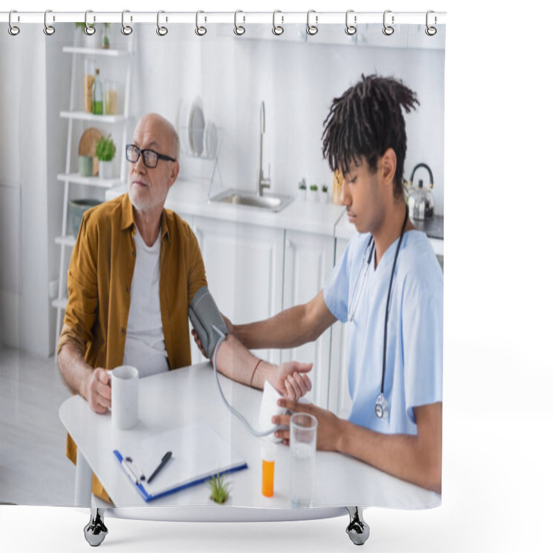 Personality  African American Nurse Checking Blood Pressure Of Elderly Patient At Home  Shower Curtains