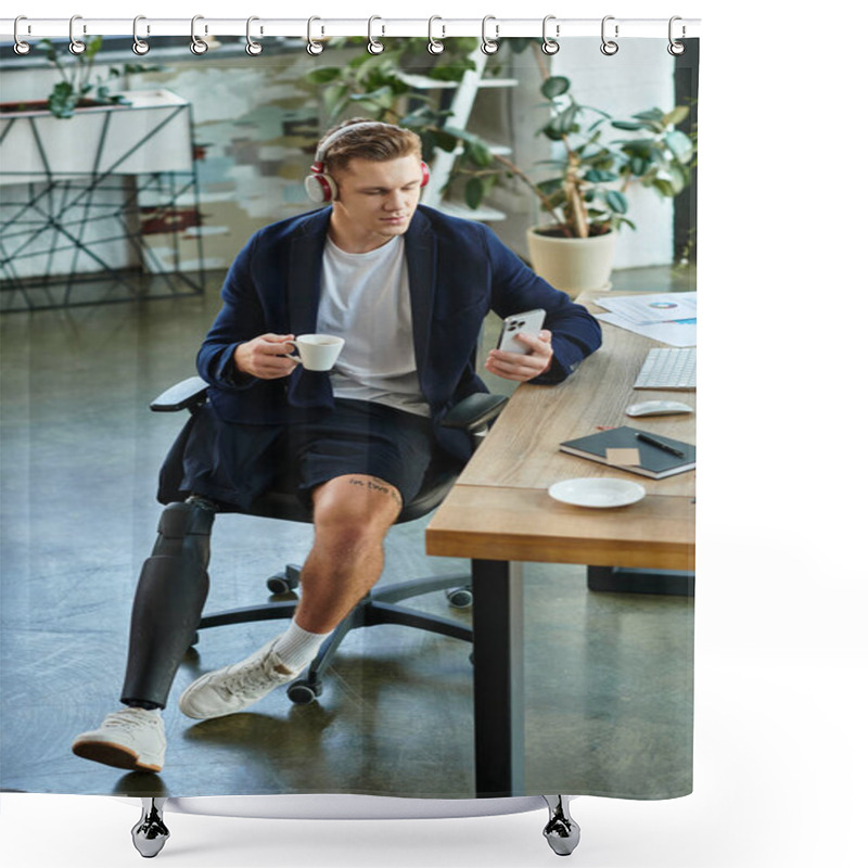 Personality  A Young Businessman With A Prosthetic Leg Enjoys Coffee While Checking His Smartphone In A Sleek Office. Shower Curtains