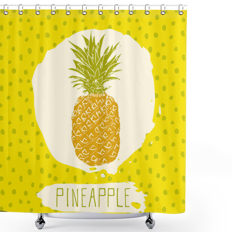 Personality  Pineapple Hand Drawn Sketched Fruit With Leaf On Blue Background With Dots Pattern. Doodle Vector Pineapple For Logo, Label, Brand Identity. Shower Curtains