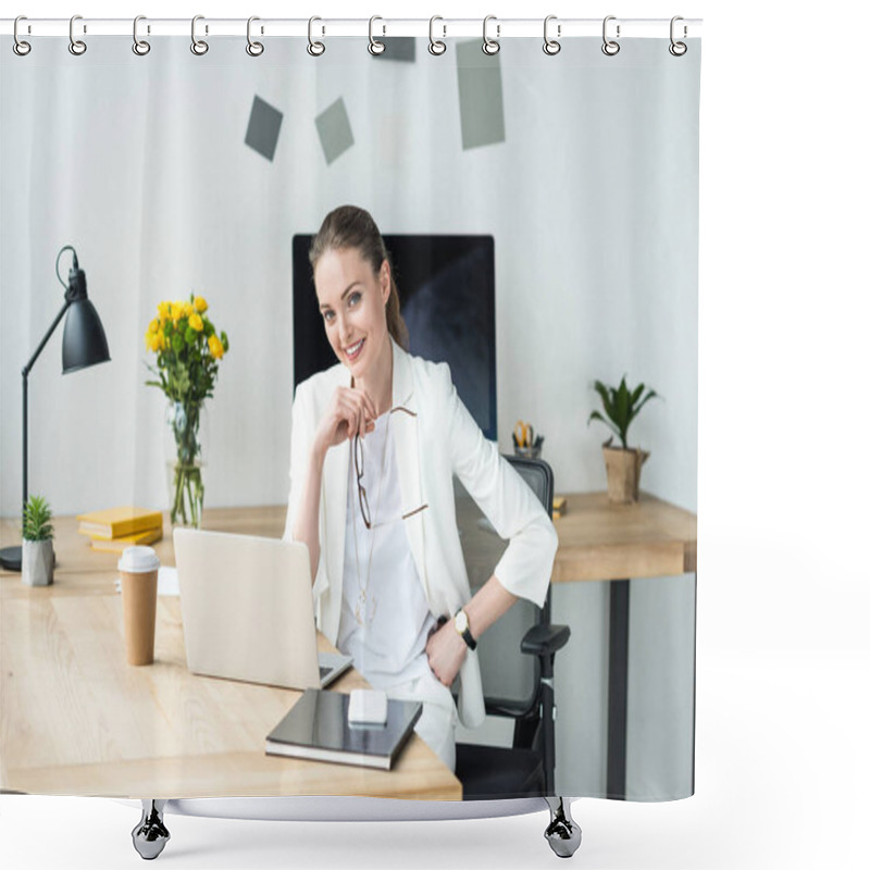 Personality  Smiling Beautiful Businesswoman In White Suit Sitting At Workplace With Laptop And Coffee To Go In Office Shower Curtains