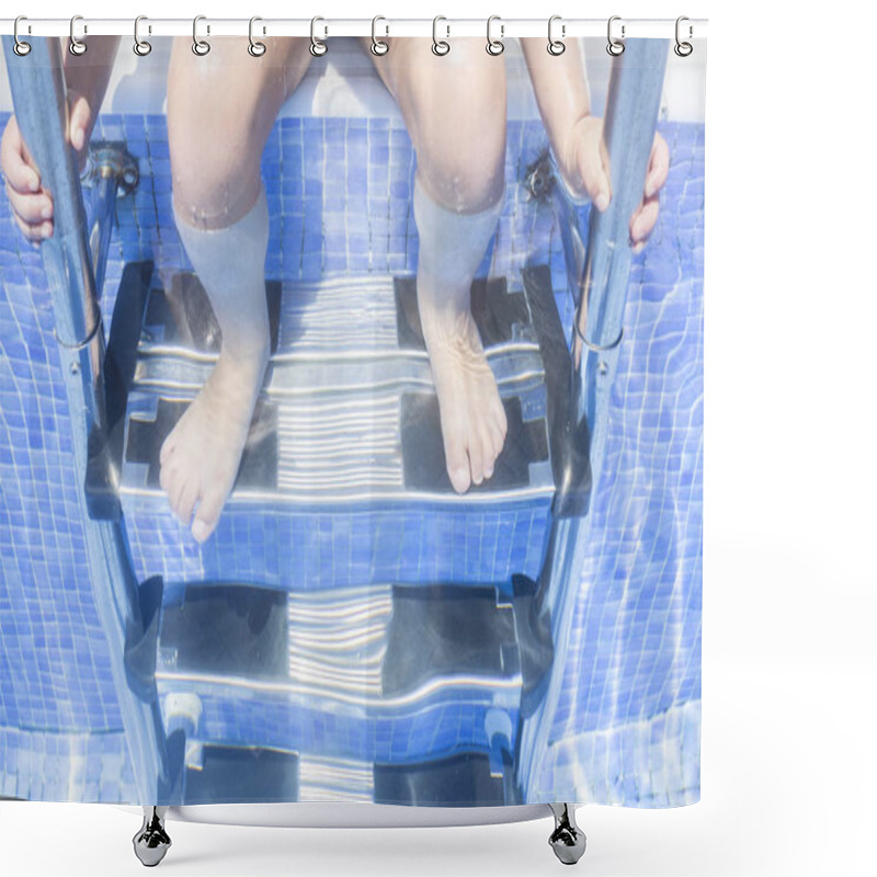 Personality  Child Girl Sitting On The Swimming Pool Ladder With Legs Underwa Shower Curtains