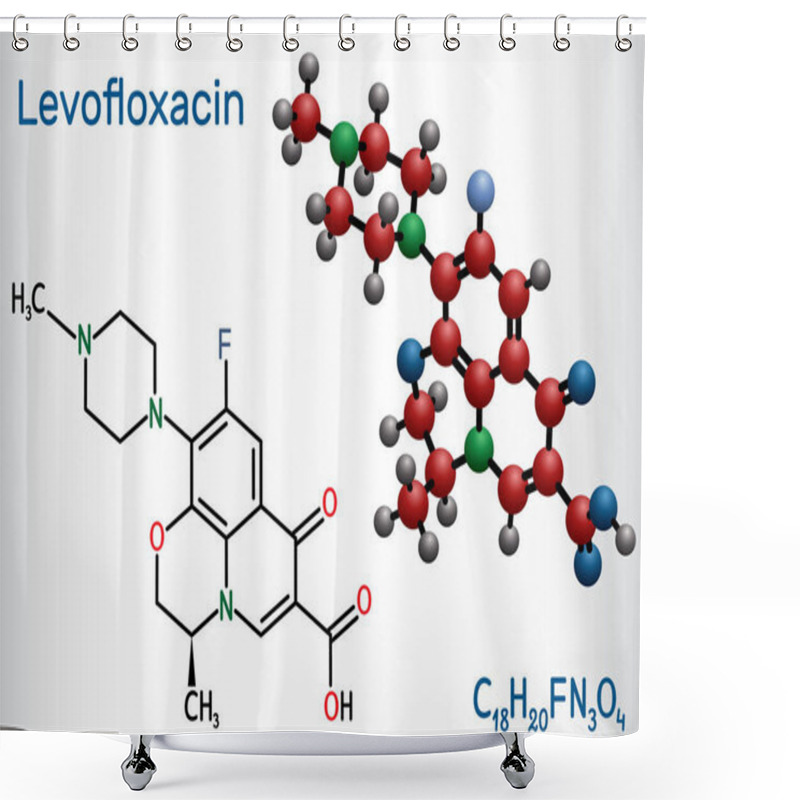 Personality  Levofloxacin, Fluoroquinolone Antibiotic Molecule. It Is Used To Treat Bacterial Sinusitis, Pneumonia. Structural Chemical Formula And Molecule Model. Vector Illustration Shower Curtains