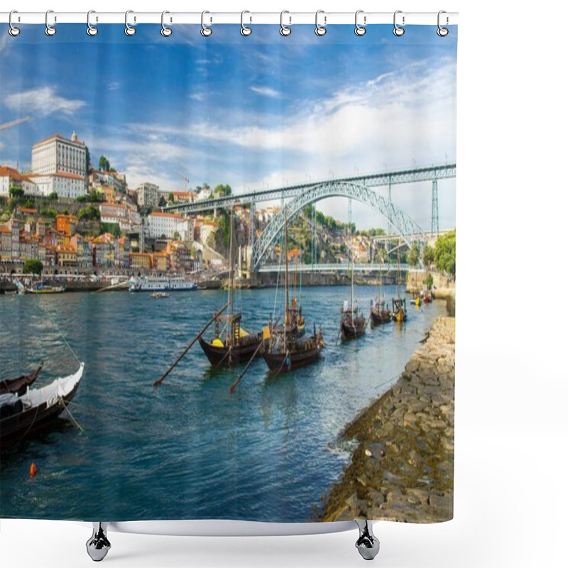 Personality  Portugal, City Landscape Porto, Wooden Boats With Wine Port Barrels On Douro River, Panoramic View Of The Old Town Porto,  The Eiffel Bridge View, Ponte Dom Luis, Porto In Summer, Colored Houses Shower Curtains